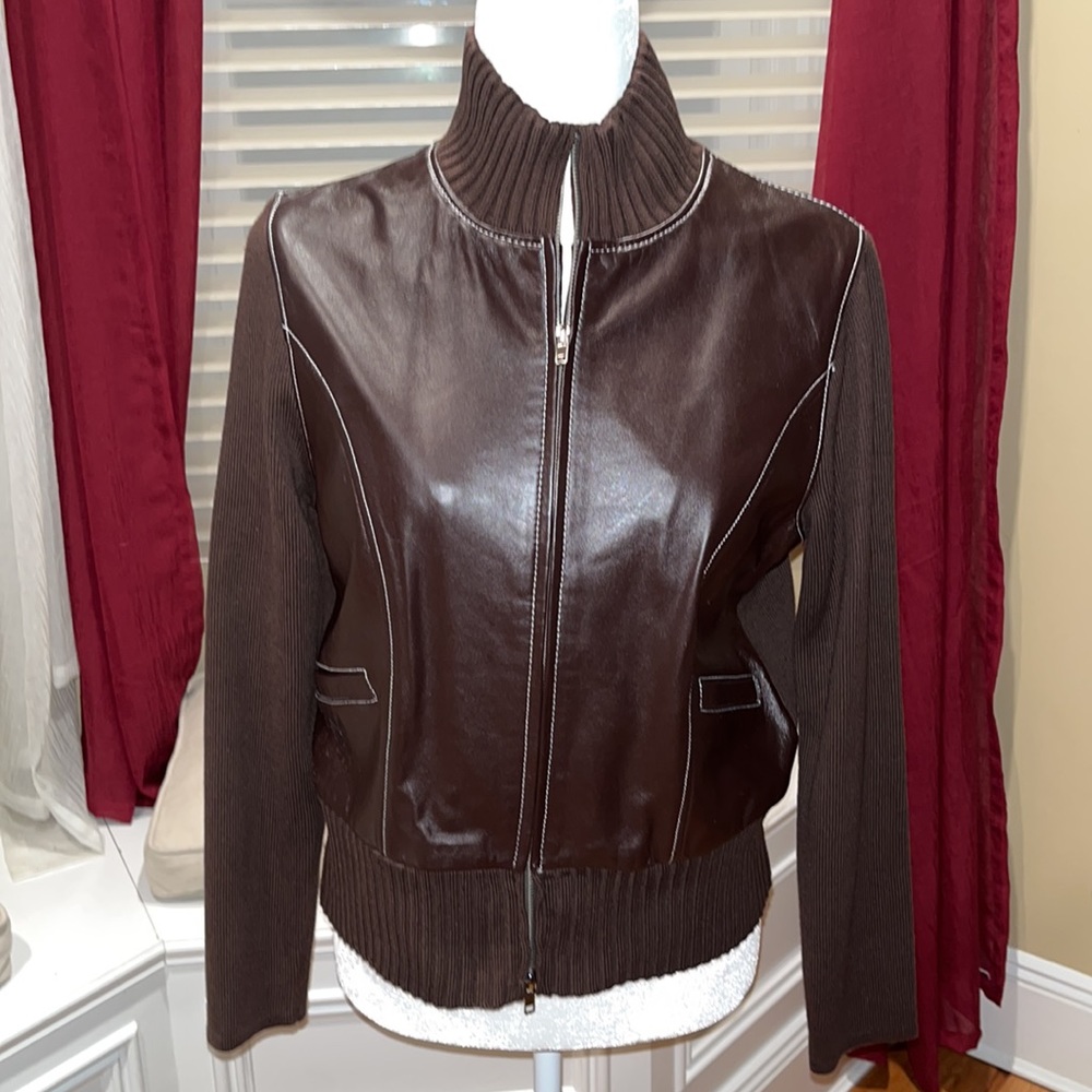 Genuine Brown Leather & knit Lauren Hansen jacket Sz M